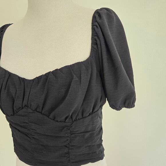 Forever 21 Whimsy Goth Cropped Top Puff Sleeves Black Smocked Lolita Women Large - Picture 5 of 8